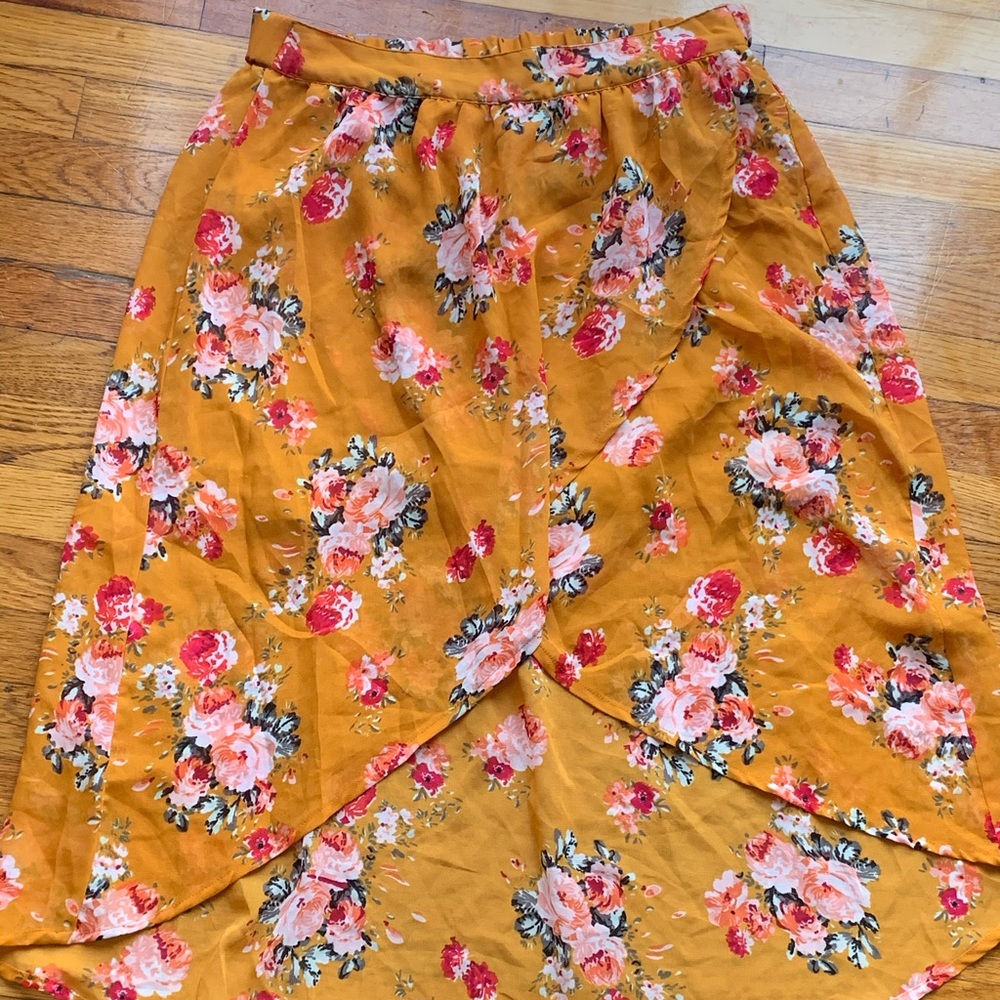 Golden Yellow Floral Asymmetrical High/Low Summer Flowy Skirt | Charlotte Russe